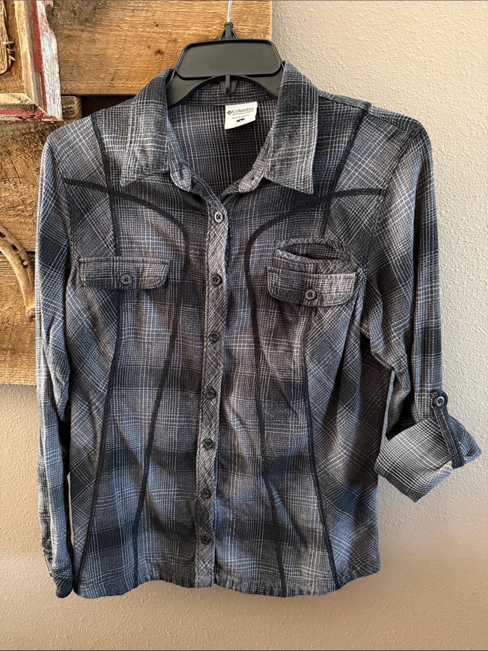 Columbia Women’s Black and Gray Plaid Button-Down Shirt